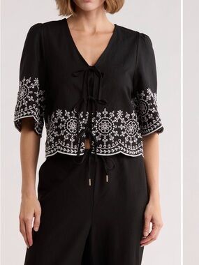 Black Embroidered Tie-Front Peasant Top